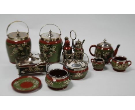 TEN PIECES OF ROYAL DEVON 'APPLE BLOSSOM' PATTERN EARTHENWARE POTTERY, with silver and electroplated collars and/or covers, i