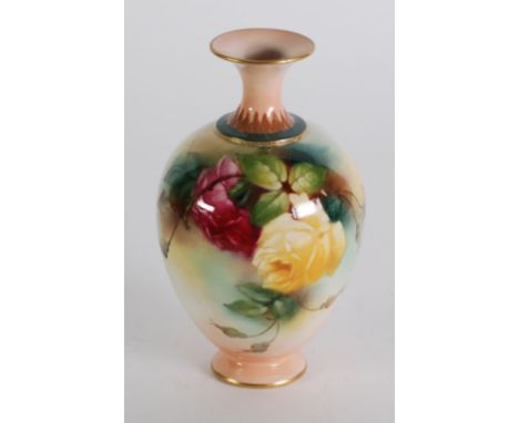 EARLY TWENTIETH CENTURY ROYAL WORCESTER HAND PAINTED CHINA VASE, by Blake, of footed ovoid form with short waisted neck,  pai