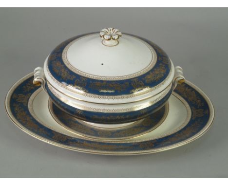 FIFTY SIX PIECES OF WEDGWOOD 'COLUMBIA' BLUE AND GOLD CHINA DINNER AND TEA WARES, comprising; CIRCULAR TWO HANDLED VEGETABLE 