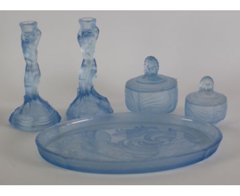 WALTHER AND SOHNE, FOUR PIECE PALE BLUE AND FROSTED MOULDED GLASS NYMPHEN PATTERN DRESSING TABLE SET AND THE MATCHING TRAY, c