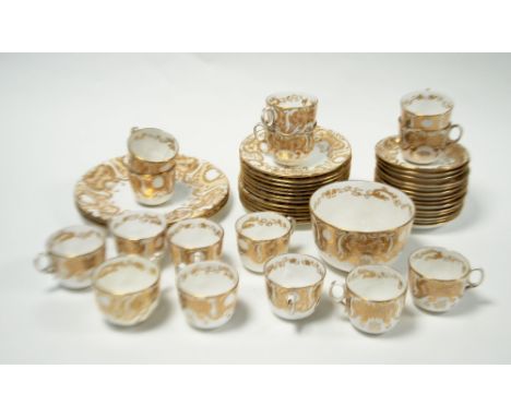 FORTY FOUR PIECE NINETEENTH CENTURY DAVENPORT CHINA PART TEA SERVICE, with buff and gilt scroll borders, comprising; 15 CUPS,