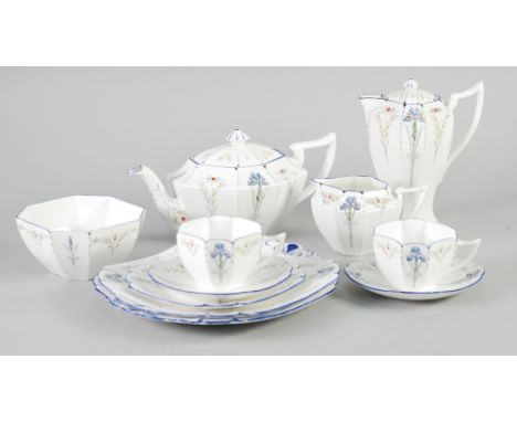 A SHELLEY PORCELAIN 'IRIS PATTERN' 45 PIECE TEA AND COFFEE SERVICE COMPRISING; A TEAPOT, COFFEE POT, SUGAR BOWL, CREAM JUG, 1