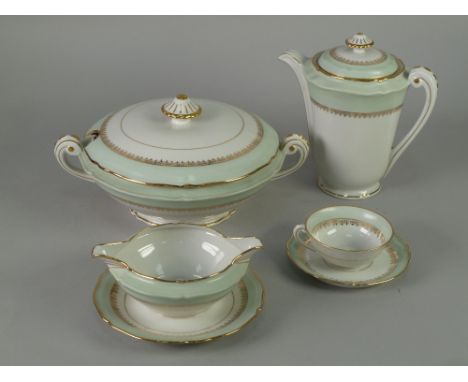 NINETY TWO PIECE LIMOGES, FRENCH PORCELAIN PART DINNER AND COFFEE SERVICE, with pale green and gilt borders, comprising; CIRC