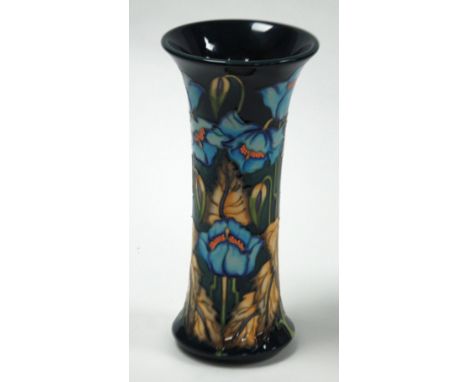 SECOND QUALITY MODERN MOORCROFT 'BLUE RHAPSODY' PATTERN TUBE LINED POTTERY VASE, of waisted, cylindrical form, decorated in t