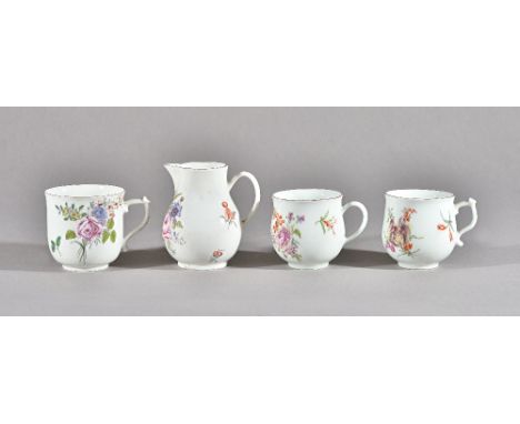 An assembled group of Chelsea porcelain tea and coffee wares, red anchor period, circa 1755, each piece painted with flowers 