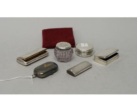 Silver and silver mounted wares, comprising; a rectangular hinge lidded matchbox, with engine turned decoration, Chester 1913