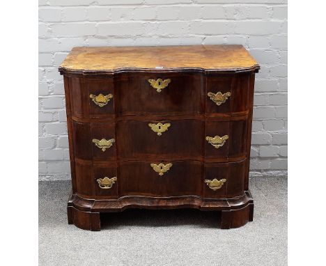 A late 18th German walnut commode of three serpentine drawers, on bracket feet, 88cm wide x 78cm high.