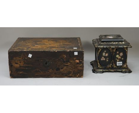 A Victorian papier-mâché table top jewellery cabinet, the hinged lid and doors opening to reveal a fitted interior, foliate i