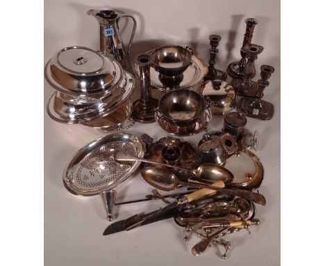 Silver plated wares, including; jugs, plates, bowls, candlesticks and flatware, (qty). 