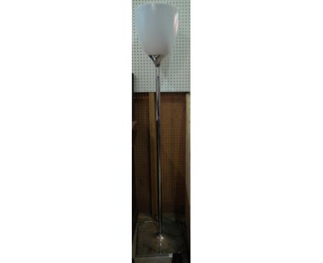 A 20th century chrome floor standing lamp, with white opaque plastic shade on plinth base, 182cm high. 