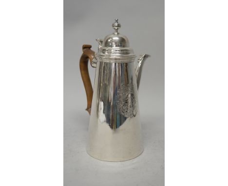 A Britannia Standard silver coffee pot, of tapered cylindrical form, the hinged lid with a turned finial and a scroll thumbpi