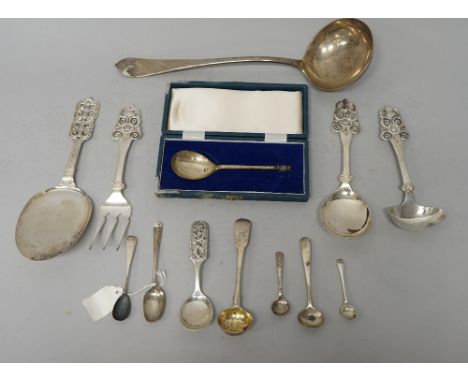 Silver, comprising; a George V soup ladle by Mappin &amp; Webb, Sheffield 1915, a christening spoon with a cast owl finial, c