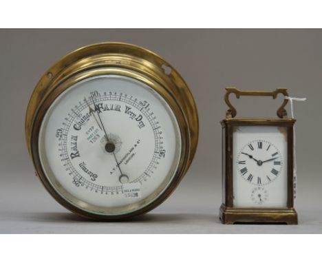 A French R &amp; C brass cased carriage clock, 11.5cm high, and a brass cased Capstan wall barometer by A.T. Chamberlin &amp;