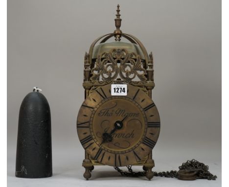 A 20th century brass lantern clock, engraved to the dial 'Thos Moore Ipswich' with weight driven movement, 36cm high, (cast i