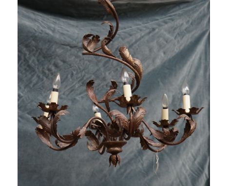 A Rococo style gilt metal six branch chandelier, modern, decorated with foliate leaves, the stem issuing six swan neck branch