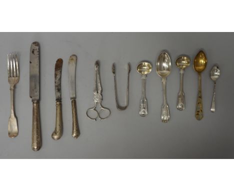 Silver flatware, comprising; five fiddle, thread and shell pattern large teaspoons, a pair of salt spoons, London 1857, a pai