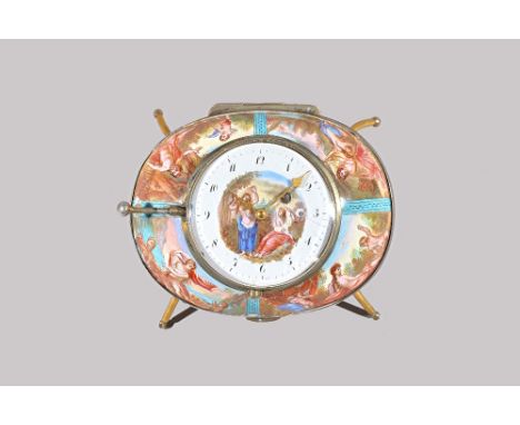 An Austrian enamel and brass table clock, circa. 1900, oval shaped, decorated with classical scenes, enclosing a Swiss moveme