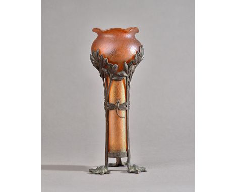 A Loetz Art Nouveau orange iridescent glass vase, c.1906, mounted in a metal frame cast with dragonfly and flwers, 26.5cm hig