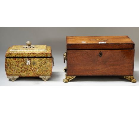 A George III mahogany rectangular tea caddy on gilt metal paw feet, 35cm wide x 19cm high; and a Regency style tea caddy of b