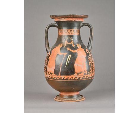 An Apulian red figure Pelike decorated with a nude winged Eros on a rocky out crop holding a fan and opposite a draped female