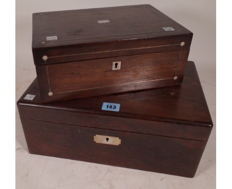 A 19th century rosewood and mother of pearl inlaid writing slope, 35cm wide x 14cm high, (a.f.) and another similar 29cm wide