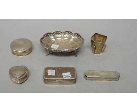 Silver and foreign wares, comprising; a Victorian  heart shaped pill box, Chester 1895, a circular powder box, with engraved 