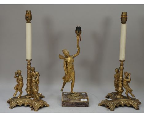 A late 19th/early 20th century ormolu lamp with breche niolette marble square base, 30cm high and a pair of gilt metal lamps,