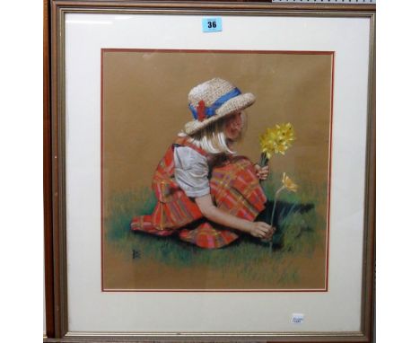 D** K** (late 20th century), Gathering daffodils; On the beach, two pastels, both signed with monogram, the larger 39cm x 36c