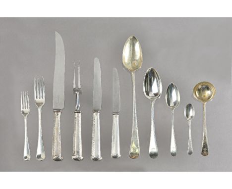 A matched silver flatware service in the feather edge pattern, assorted dates and makers but predominately early 19th century