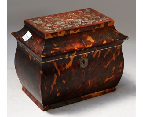 A Regency ivory strung mother-of-pearl inlaid tortoiseshell tea caddy, of bombe form with twin lidded interior, 18cm wide x 1