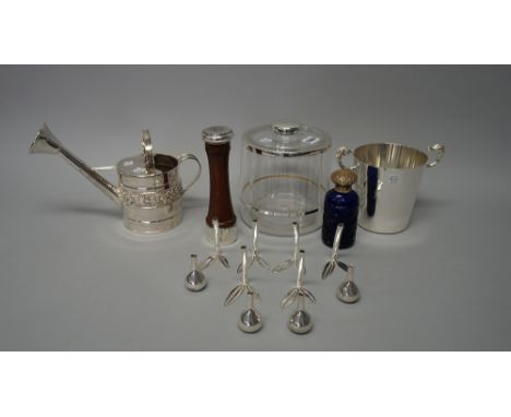 Silver mounted and plated wares, comprising; a Bristol blue cut glass scent bottle, with a silver top, a perspex Spong lidded