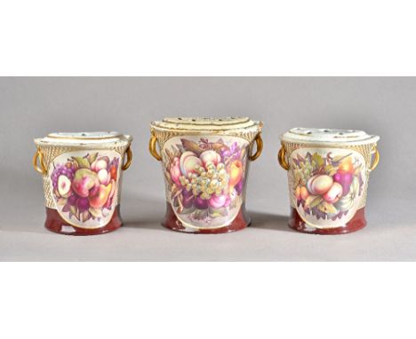 A set of three Davenport porcelain bough pots and two covers, circa 1810, each well painted in the manner of Thomas Steele, w