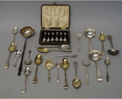 Silver and foreign flatware, comprising; a George III toddy ladle with turned wooden handle, London probably 1771, six foliat