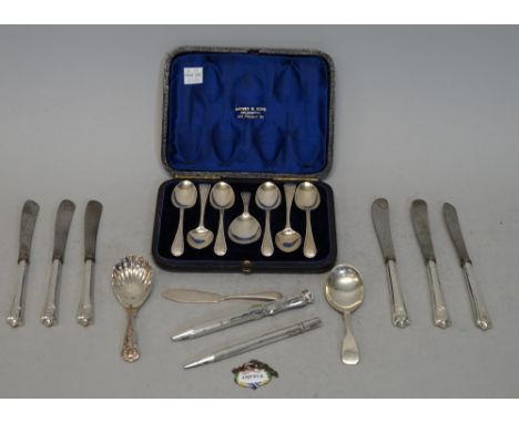 Silver and silver mounted wares, comprising; a Victorian seven piece teaspoon set, comprising; six teaspoons and a caddy spoo