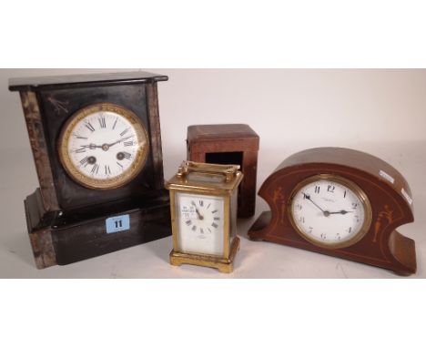 Asprey a leather cased gilt brass carriage timepiece, an Edwardian mahogany eight day timepiece and a slate case clock, (3).