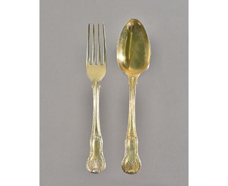 A George IV silver gilt part flatware service in the hourglass pattern, Eley, Fearn and Chawner, London 1829, comprising; 12 