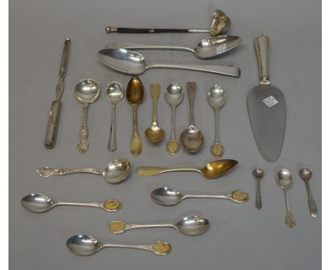 Assorted flatware including two Georgian table spoons, tea spoons, baleen handled toddy lifter, 20th century double-ended mar