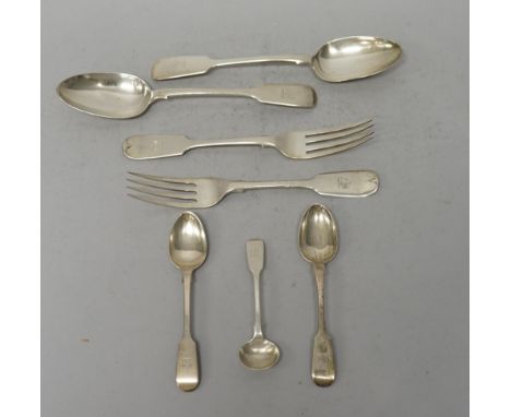 A quantity of silver flatware, each with engraved armorial of bat with raised wings, assorted dates and makers but predominat