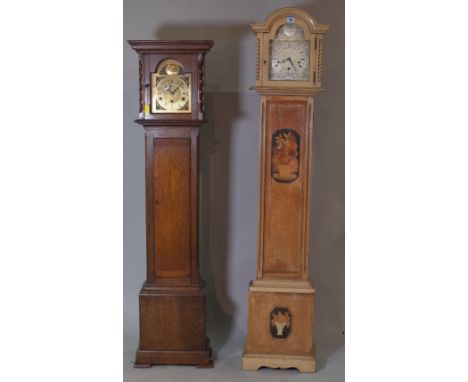 Tempus Fugit a 20th century oak cased grandmother longcase clock, 38cm wide x 152cm high and a mahogany and satinwood inlaid 