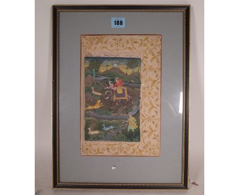 An Indian school page from a manuscript, depicting a tiger hunt, a modern painting in 18th century folio, overall size 26cm. 