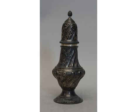 A late Victorian silver sugar caster, with embossed fluted decoration, the pull-off top with pierced decoration and flame fin