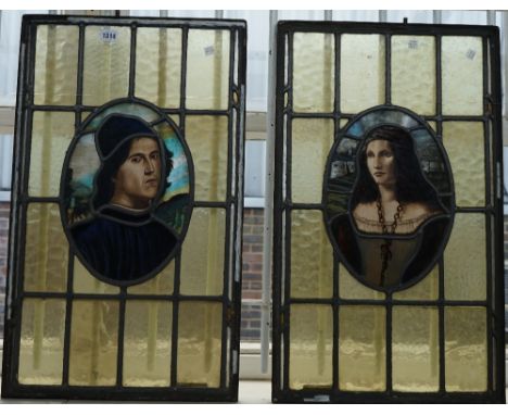 A pair of stained glass panels, 19th century, depicting opposing male and female portrait portraits- possibly Paolo and Franc