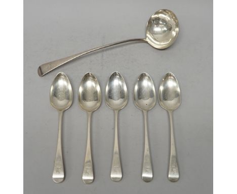 Silver Old English pattern table flatware, comprising; five tablespoons, London 1796 and a soup ladle, London 1787, crest eng