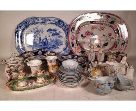 A quantity of mostly early 20th century ceramics, including; a Worcester style blue part dinner service, a bisque figure of a
