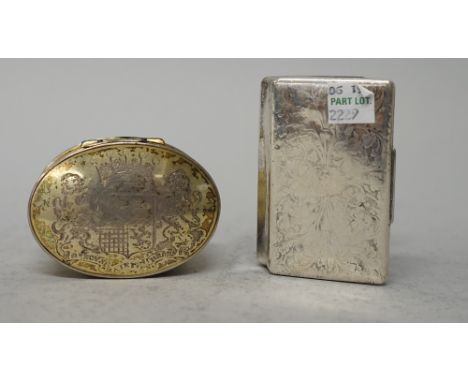 An 18th century unmarked silver gilt tobacco box of oval form, engraved to the lid with armorial crest and motto "Nous Mainte