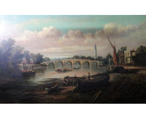 R. Montague (19th century), Old Kew Bridge, oil on canvas, signed, 75cm x 125cm.