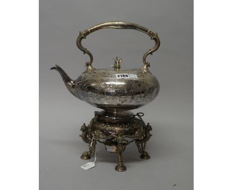 A Victorian silver plated spirit kettle and stand, the hinged lid with a swan finial, the body with scroll engraved decoratio