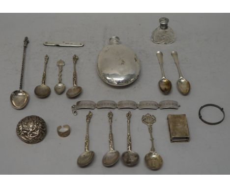 Silver and silver plated wares, comprising; a Victorian hip flask, of oval form, the body engraved with a badge of the 1st St
