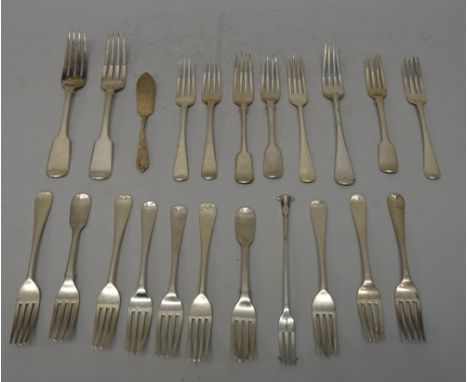Silver forks, comprising; a pair of Victorian table forks in the fiddle pattern, London 1846, sixteen desert forks, various d