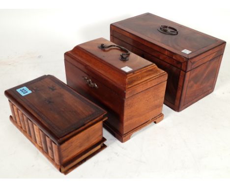 A 20th century olive wood deception box formed as a stack of books, 20cm wide x 10cm high, a George III mahogany tea caddy, 2